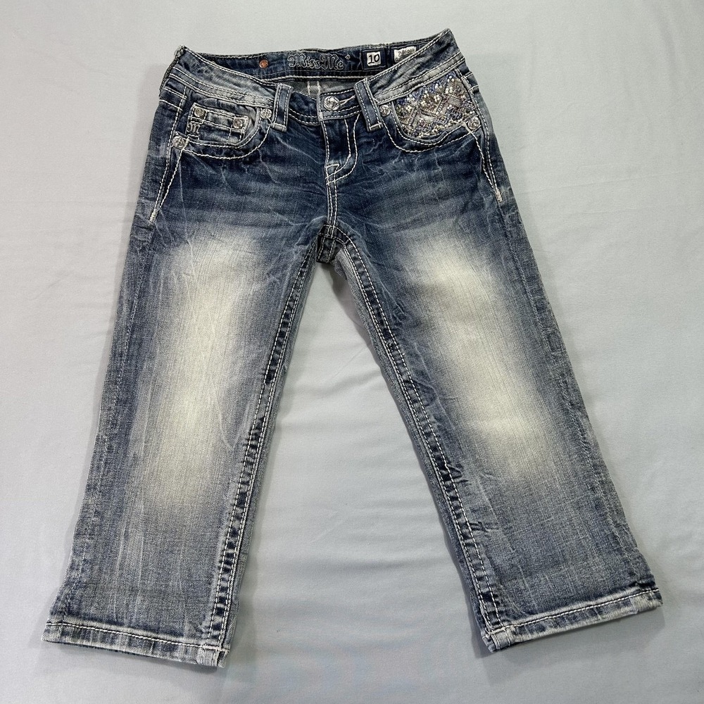 Miss Me Jeans Girls 10 Capri‎ Distressed Embellished Cuffed Denim Pants JK8600P